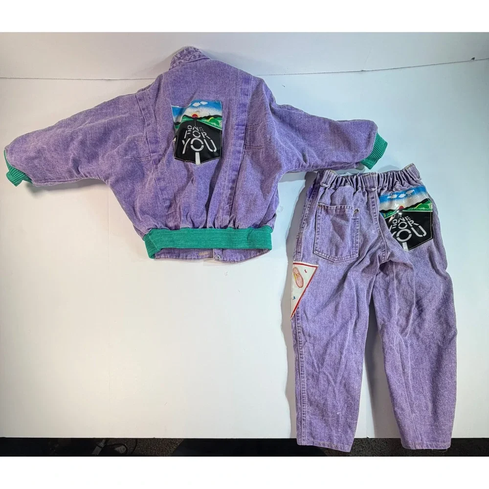 Vintage Purple Acid Wash Denim Jacket and Pants Set Juniors Graphic 2 Piece